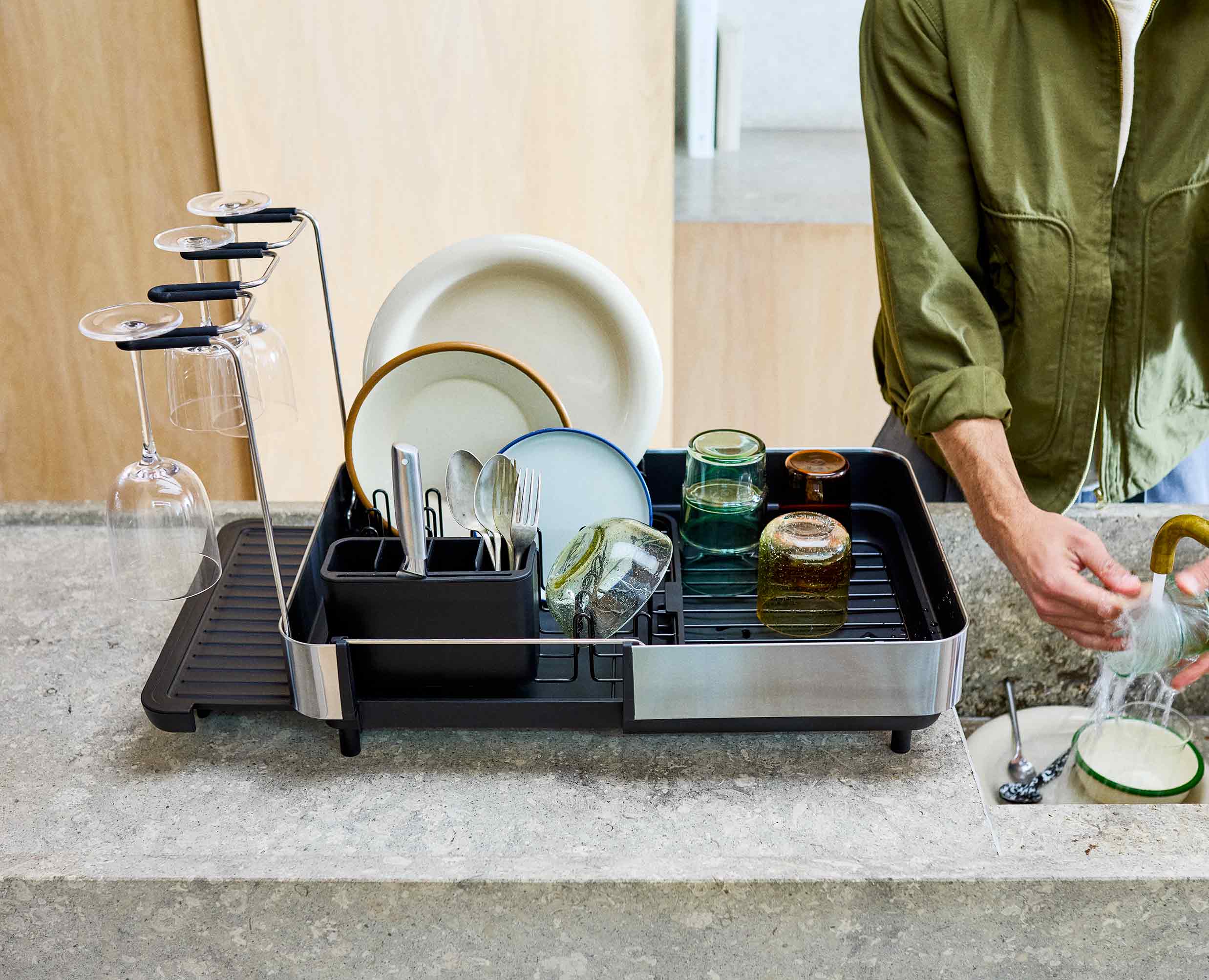 Extend™ Steel Plus Expandable Black Dish Drainer with Wine Glass Rack - Image 2