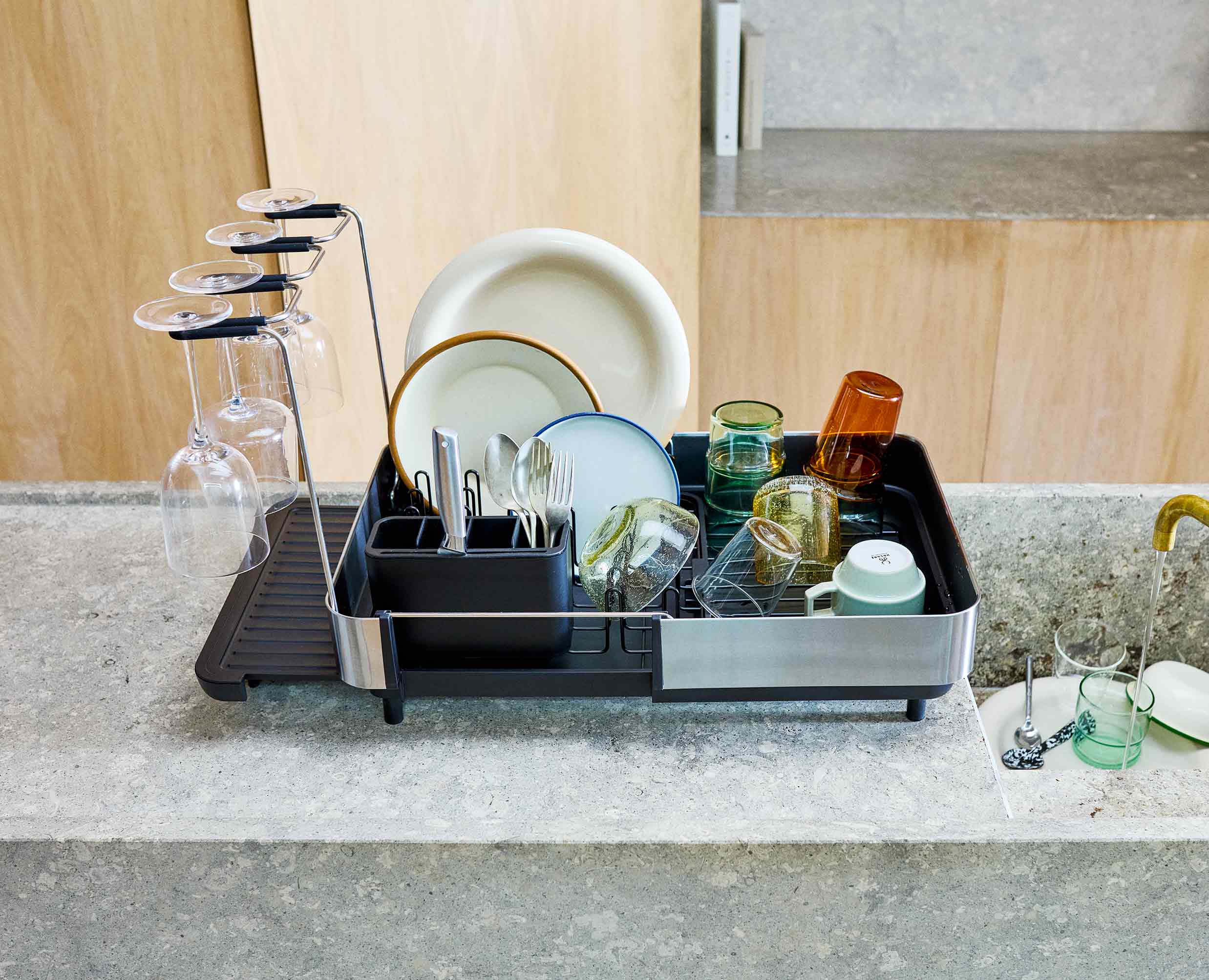 Extend™ Steel Plus Expandable Black Dish Drainer with Wine Glass Rack - Image 3