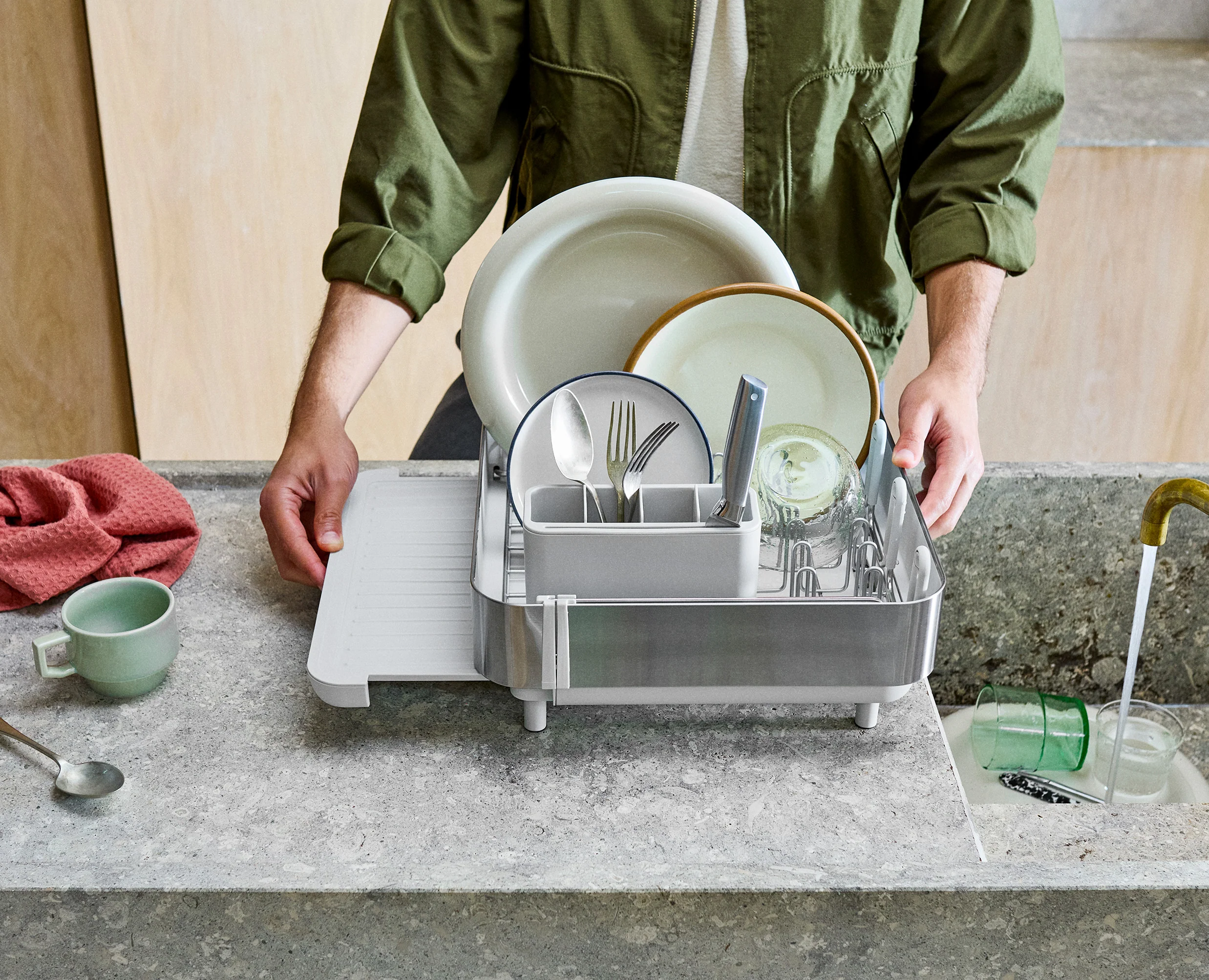 Extend™ Steel Plus Expandable Stone Dish Drainer with Wine Glass Rack - Image 2