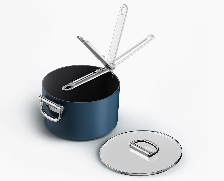 Space Folding Handle Ceramic Non-stick 23cm Blue Saucepan & Lid
