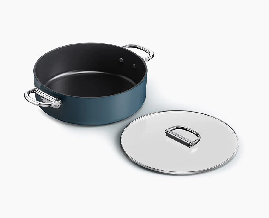 Space Folding Handle Ceramic Non-stick 28cm Blue Shallow Casserole Pan & Lid