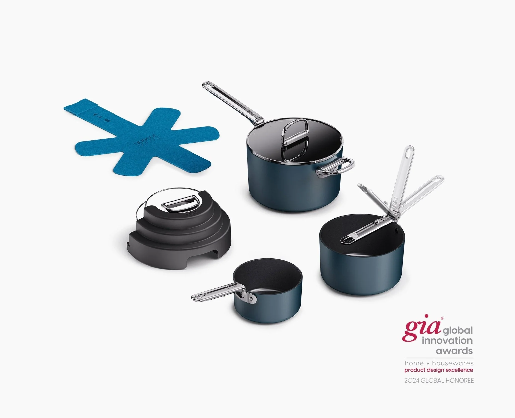 Space Stack Folding Handle Non-Stick 3-Piece Blue Saucepan Set With Lid Storage - Image 3